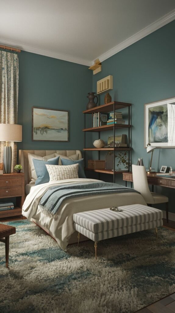 Cozy Small Guest Bedroom painted deep teal, featuring an upholstered bench at the foot of the bed and a modern tiered metal and wood open shelving unit.