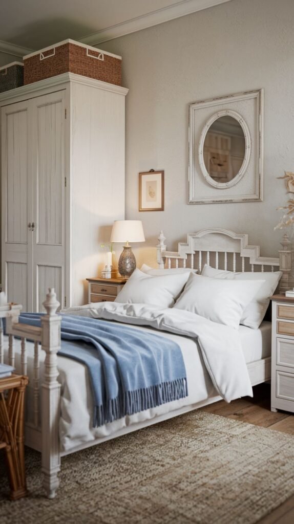 Cozy Small Guest Bedroom with distressed white cottage furniture, including a large armoire topped with storage baskets and a white spindled bed frame with a blue throw.