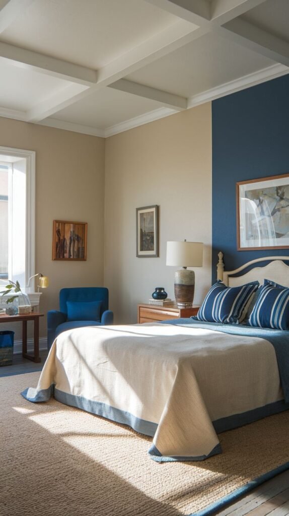 Cozy Small Guest Bedroom emphasizing architectural detail with a coffered ceiling and a two-toned wall treatment featuring a bold navy blue vertical stripe contrasting with beige walls.