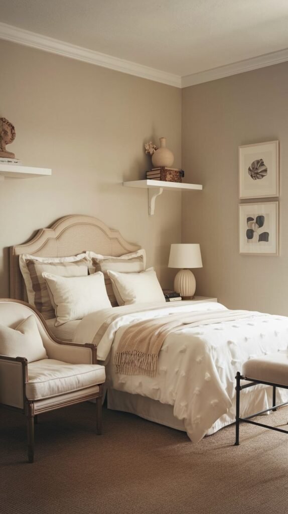 Cozy Small Guest Bedroom in soft beige tones featuring a tufted white duvet, upholstered armchair, and white floating shelves used as minimalist nightstands.