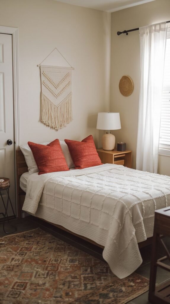Cozy Small Guest Bedroom with neutral walls and cream bedding, highlighted by a large macrame wall hanging above the headboard and two vibrant red/orange pillows.