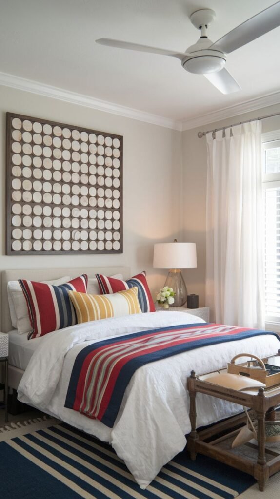 Cozy Small Guest Bedroom with bold nautical accents, including red, navy, and yellow stripes on the bedding and a large geometric circle wall art focal piece.