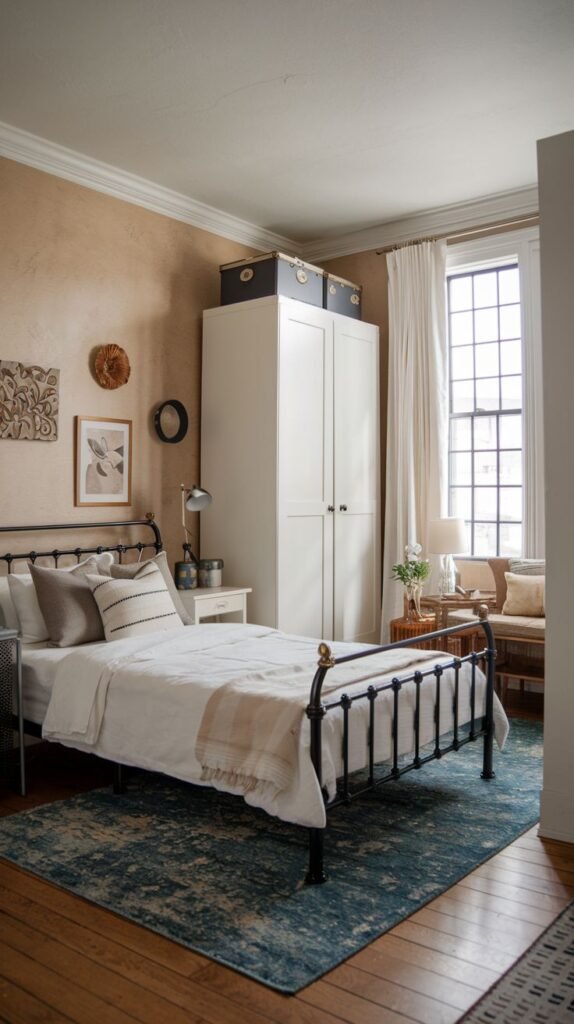 Cozy Small Guest Bedroom featuring textured, warm tan walls, a black metal iron bed, and a contrasting tall white armoire providing storage.
