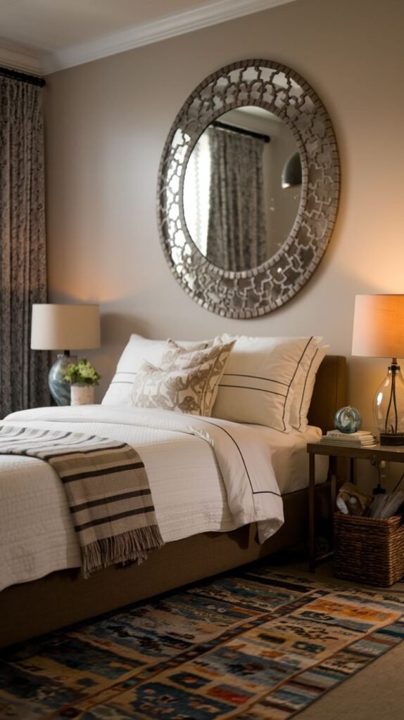 Cozy Small Guest Bedroom featuring an oversized, ornate circular mosaic mirror above the bed, flanked by matching lamps, reflecting the warm room lighting.