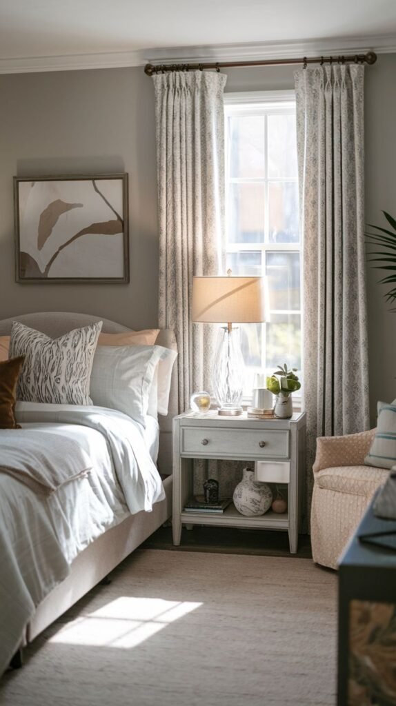 Cozy Small Guest Bedroom in gray and beige tones, showcasing light-colored patterned drapes covering a large window and a clear glass table lamp on a gray nightstand.