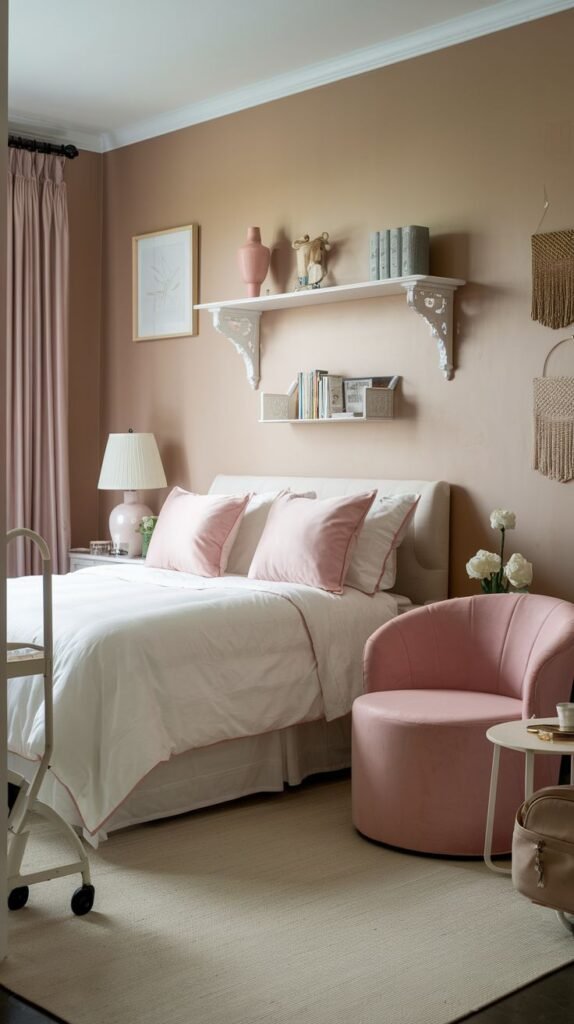 Cozy Small Guest Bedroom featuring blush pink accents in pillows and a rounded accent chair, set against warm taupe walls with an ornate white floating shelf.