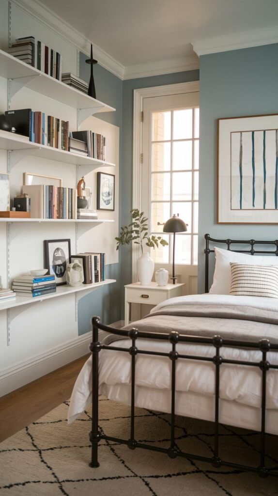 Cozy Small Guest Bedroom with cool blue walls and a black metal bed, maximizing vertical storage with floor-to-ceiling adjustable white shelving units.