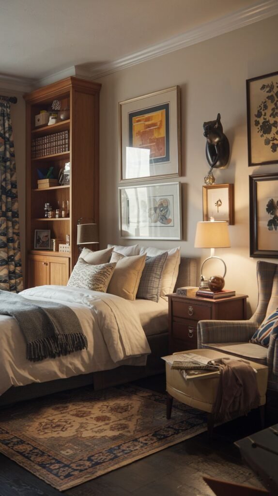 Cozy Small Guest Bedroom with a detailed gallery wall, a tall light wood built-in bookcase, and layers of neutral bedding and plush throw blankets.