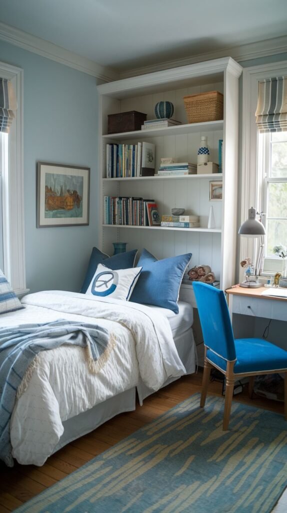 Cozy Small Guest Bedroom optimized for a narrow space with a single bed size, utilizing a deep built-in white bookcase structure behind the bed area.