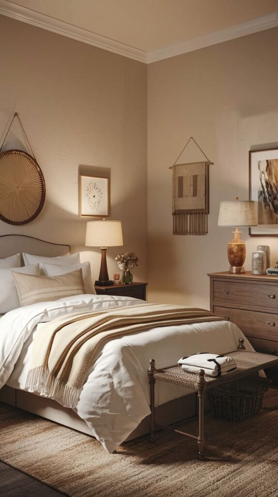 Cozy Small Guest Bedroom featuring layers of natural textures, including a woven rug, wooden bench, and woven circular and rectangular textile wall hangings on beige walls.