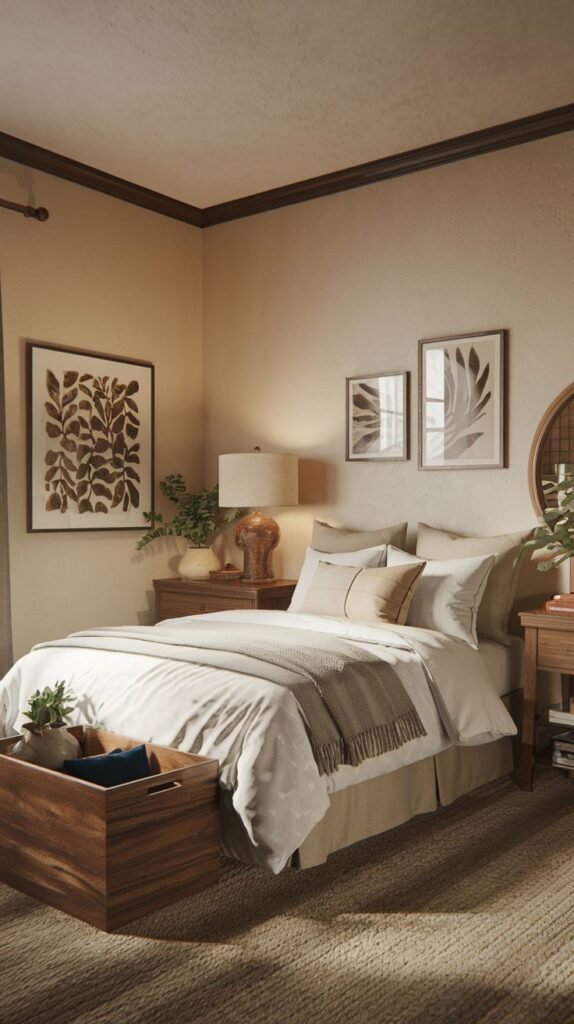 Cozy Small Guest Bedroom defined by dark wooden crown molding and trim, featuring a large wooden storage chest at the foot of the bed and botanical art prints.