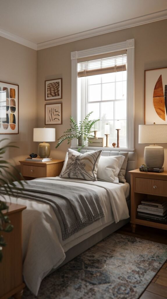 Cozy Small Guest Bedroom with symmetrical medium wood nightstands and lamps flanking the bed, accented by a subtle blue and rust patterned area rug.