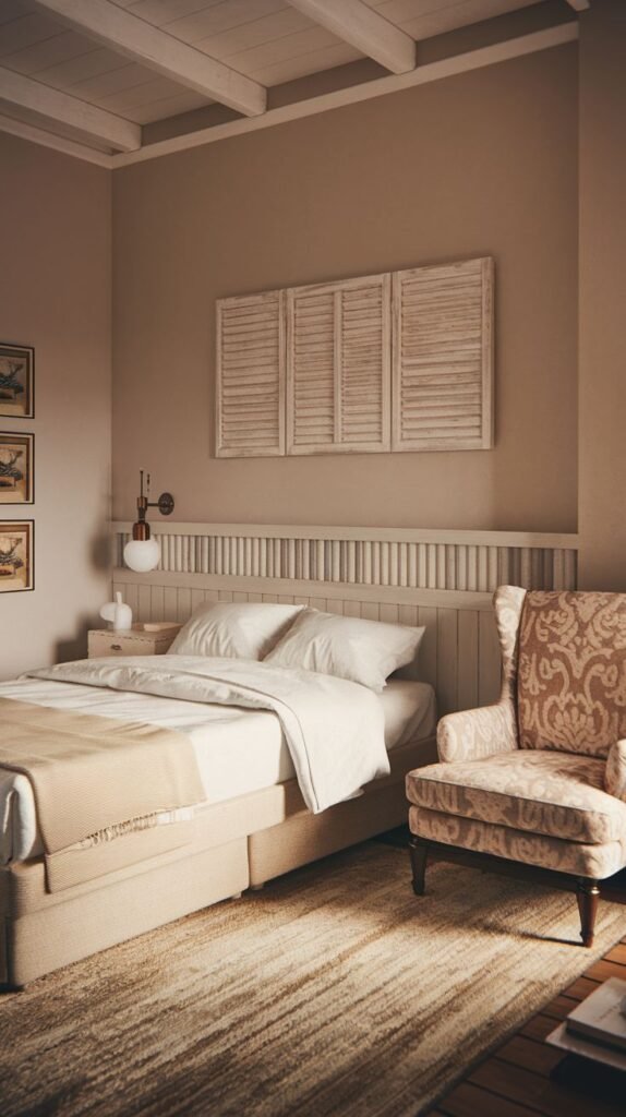 Cozy Small Guest Bedroom achieving a coastal farmhouse look with beadboard wainscoting behind the bed and decorative white shutters mounted above it.