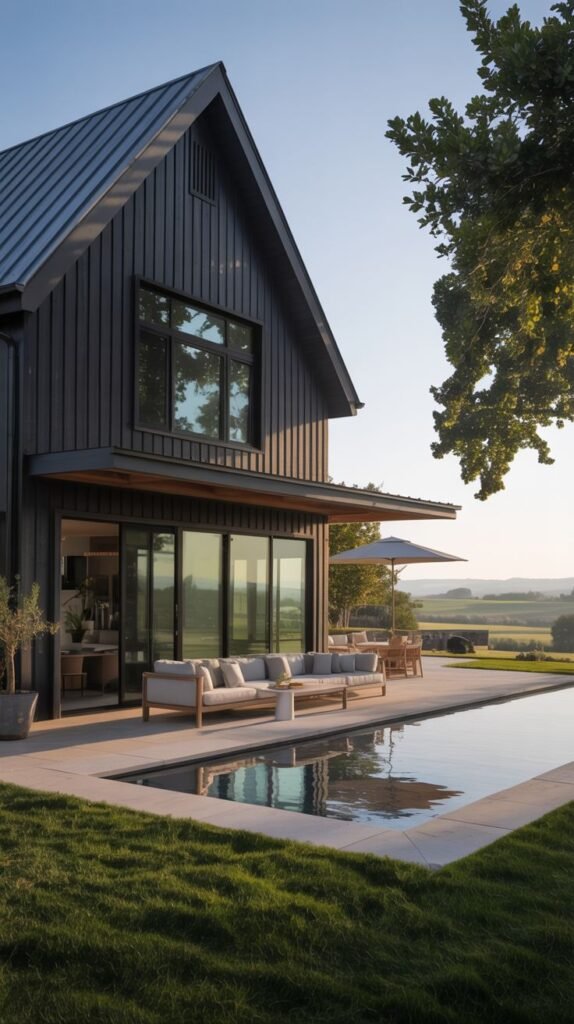 Dark vertical siding farmhouse with a steep dark metal gable roof, seen over a contemporary swimming pool and patio bordered by light pavers and grass.