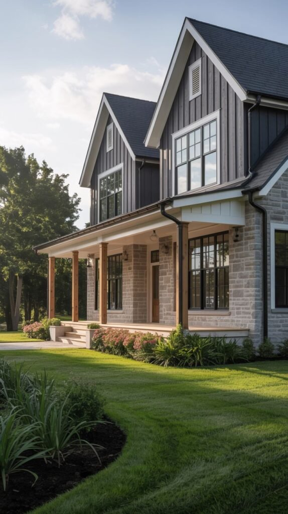 Two-story farmhouse combining light stone veneer on the lower level and dark vertical siding on the upper gables, featuring a covered porch with natural wood posts.