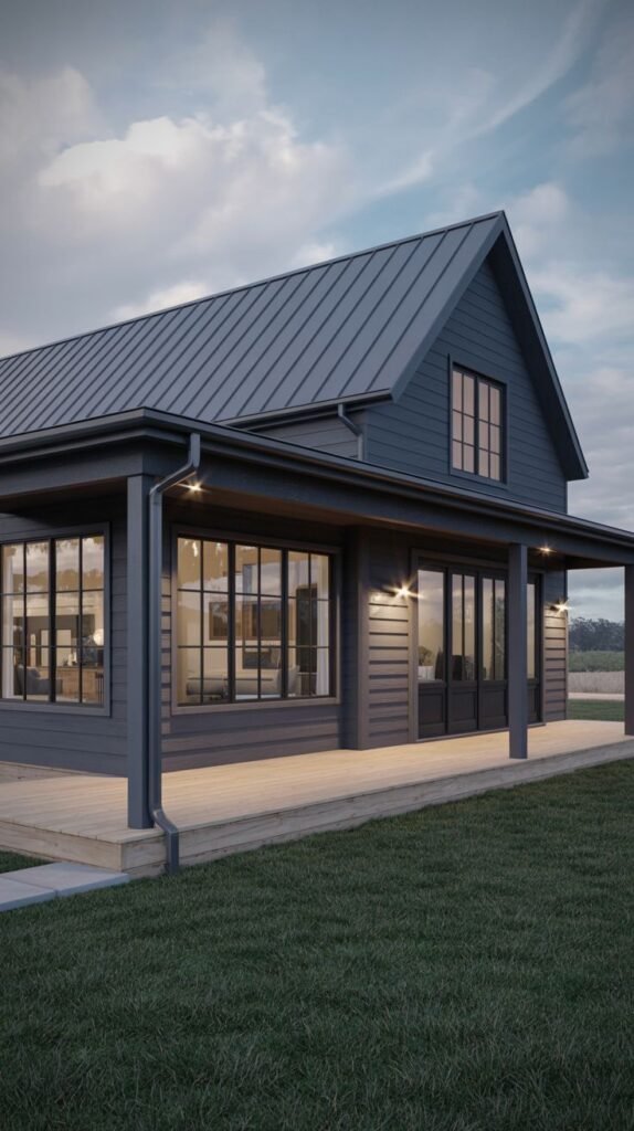 Dark gray single-story farmhouse featuring a dark metal roof and a wide wooden wraparound deck, highlighted by large black-framed windows and doors.