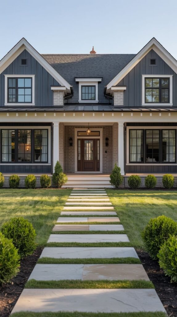 Symmetrical dark blue-gray farmhouse with twin gables, accented with light brick around the entry, approached by a linear pathway of stepping stones separated by grass.