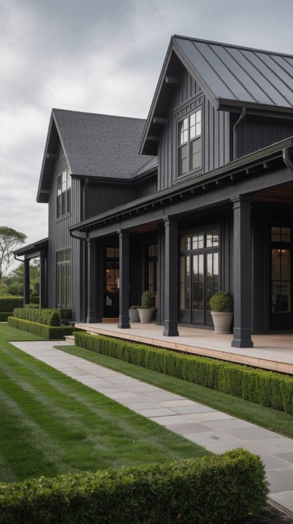 Deep black vertical board-and-batten sided farmhouse with a long, covered porch and dark columns, viewed from a formal walkway of slate pavers and low hedges.