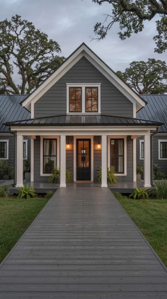 Dark gray farmhouse entry with white columns and a central gable, featuring a wide, continuous walkway made of dark wooden planks leading directly to the porch.