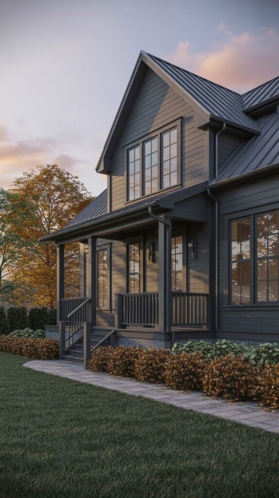 Dark gray lap sided farmhouse side view at dusk, featuring a covered porch with dark railings and steps, set against shrubs displaying autumnal colors.