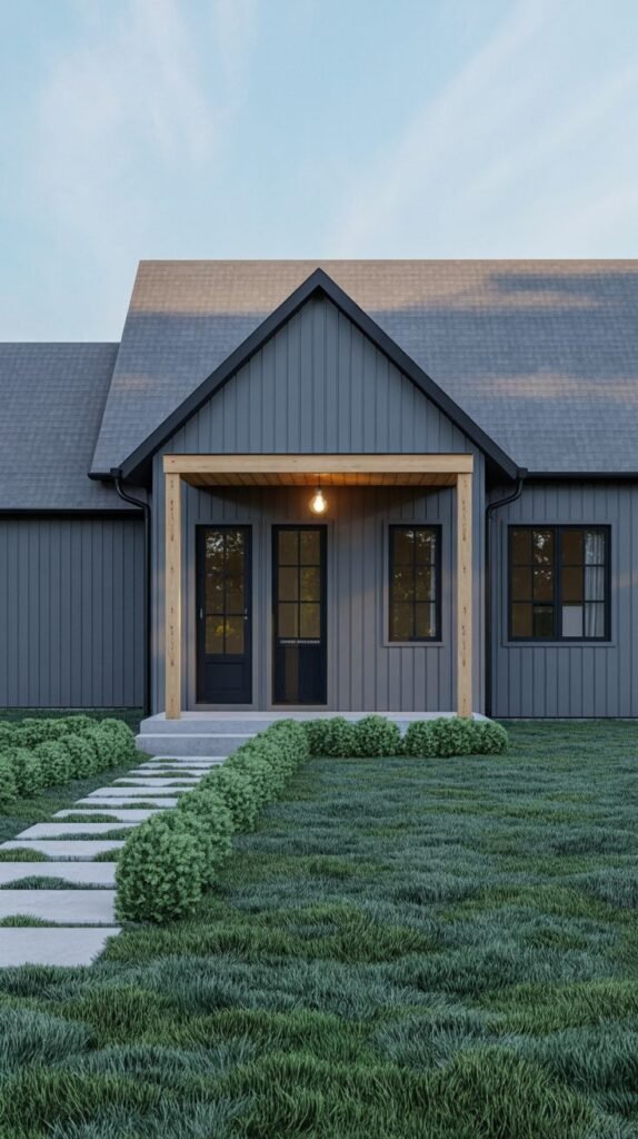 Single-story dark gray vertical sided farmhouse entry portico supported by a single natural wood beam, approached by square stepping stones in the grass.
