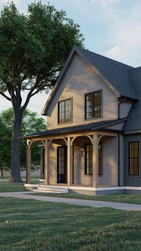 Two-story gray farmhouse featuring vertical siding on the upper story and a covered porch supported by decorative wooden arches or corbels.