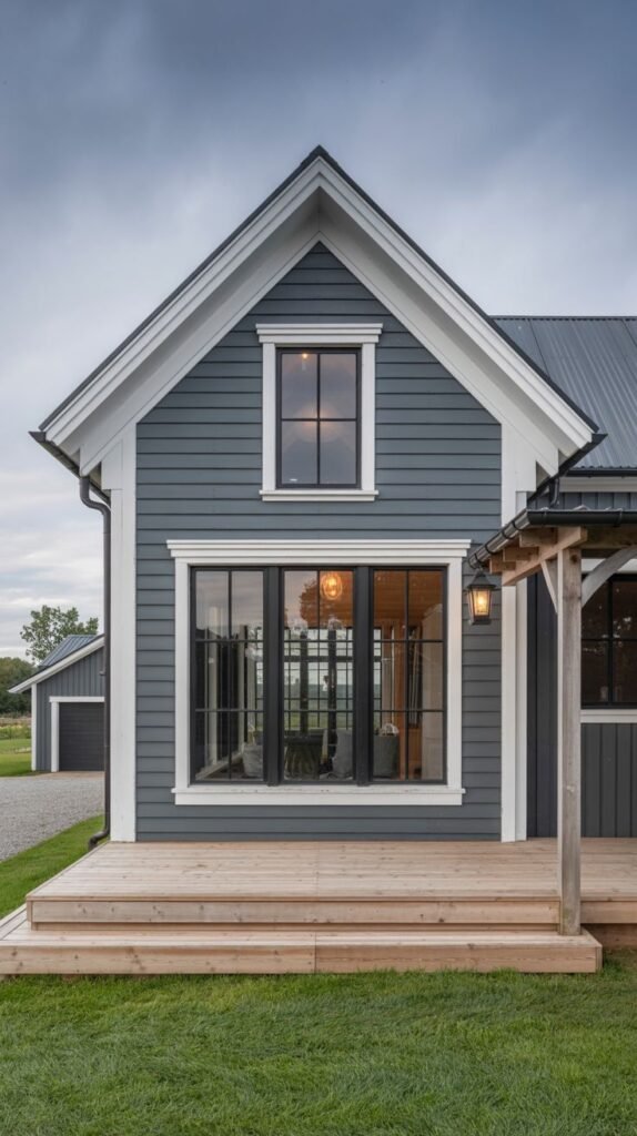 Dark blue-gray farmhouse gable end with horizontal siding, high contrast white trim, and a raw wood deck base.