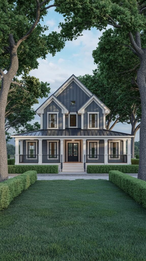 Symmetrical dark blue-gray two-story farmhouse framed by large trees, featuring white porch columns, a black railing, and a structured lawn bordered by hedges.