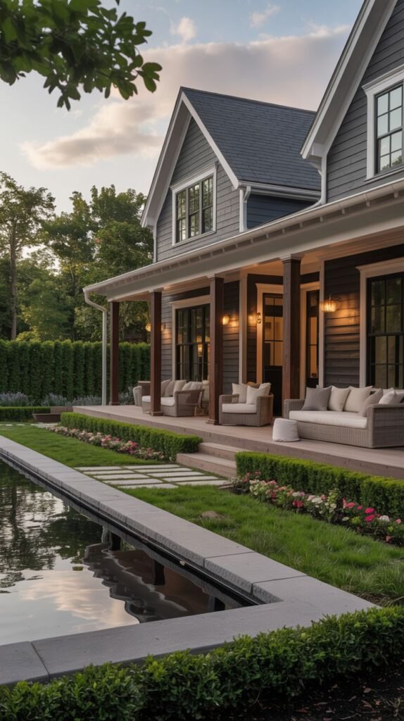 Dark gray horizontal sided farmhouse featuring a covered porch with wood columns and a long reflection pool in the foreground, bordered by hedges.