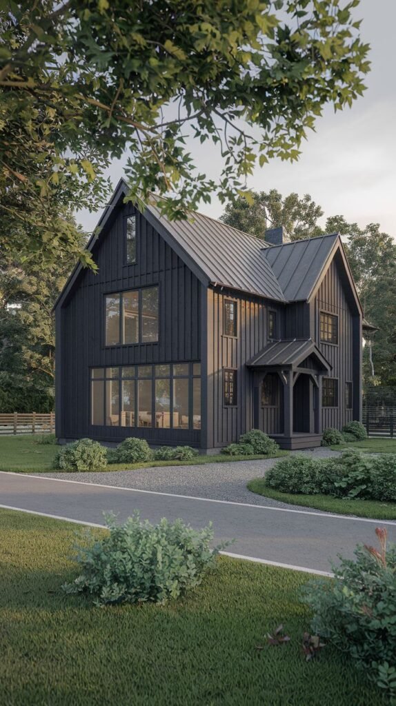 Deep black vertical sided, multi-gabled farmhouse nestled in a wooded setting, featuring a mixed asphalt and gravel driveway approach.