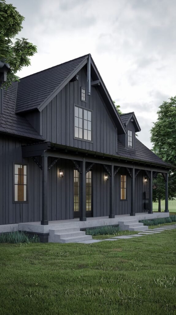 Dark charcoal vertical siding farmhouse with a wide, long covered porch supported by matching dark posts, viewed across a lawn with low concrete steps.
