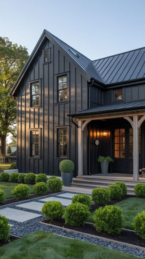 Black vertical siding farmhouse with a light wood entry structure, approached via a geometric pathway of concrete slabs separated by dark black river stones.