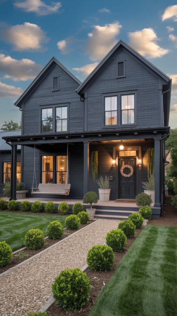 Dark blue-gray symmetrical farmhouse with twin gables and a covered porch that includes a swing, approached by a pebble stone walkway bordered by spherical shrubs.