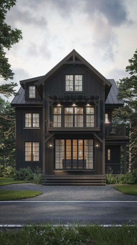 Tall, three-story black vertical siding farmhouse in a dense forest, featuring stacked balconies and large windows, viewed from an asphalt road transitioning to gravel.