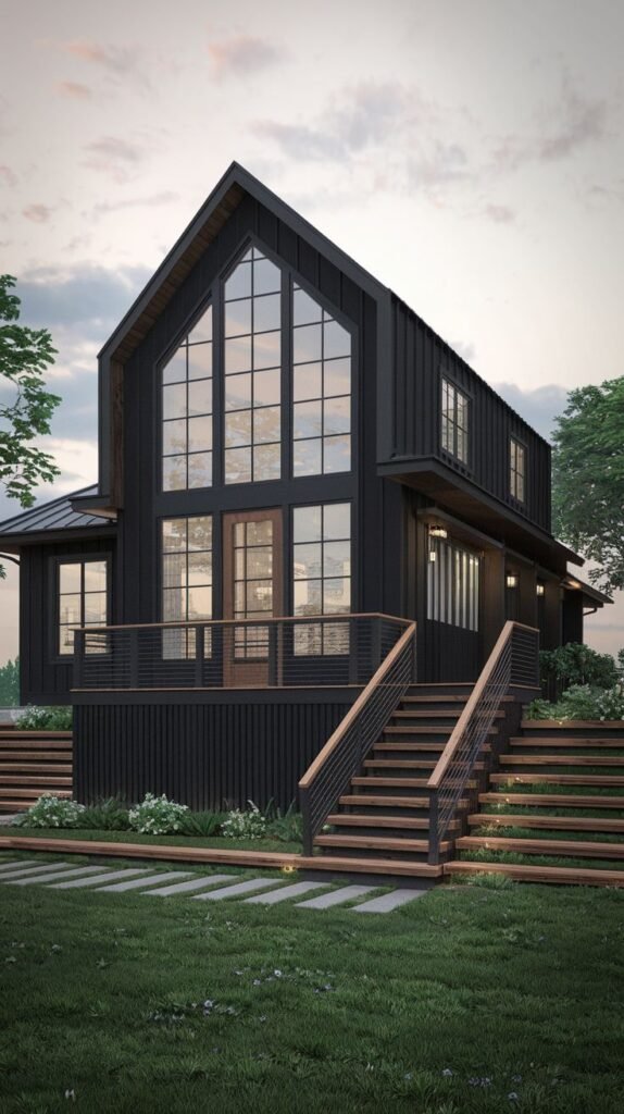 Modern black vertical sided farmhouse with a sharp gable, a full-height glass facade, and prominent layered wooden deck stairs with cable railings.