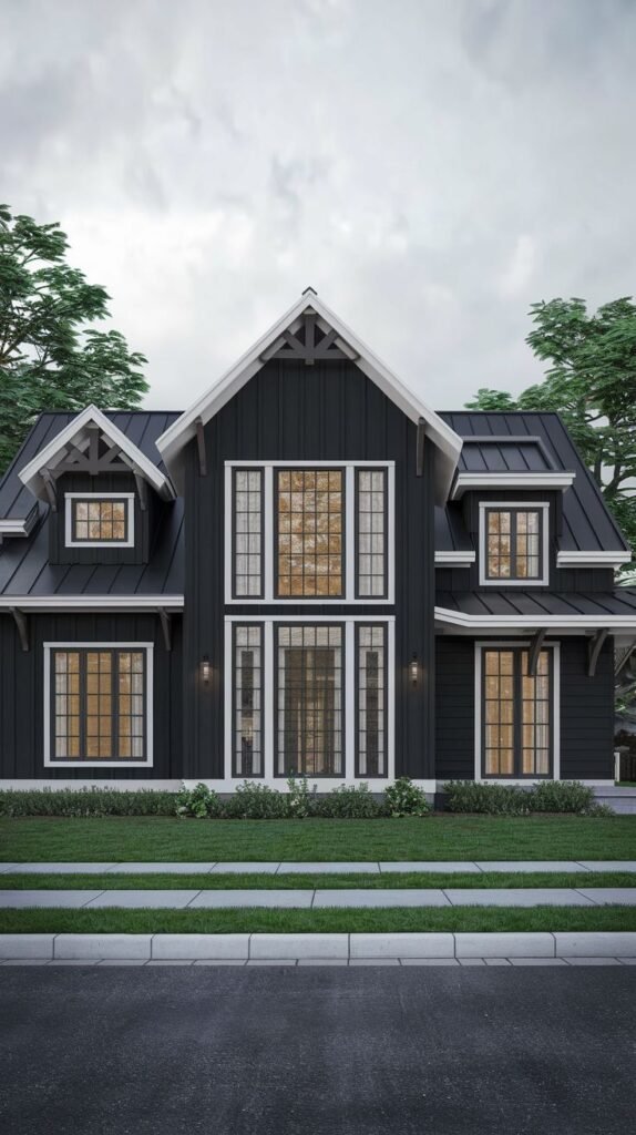 Symmetrical black vertical siding farmhouse with large window grids, highlighted by white trim on the gables, viewed from a street curb.