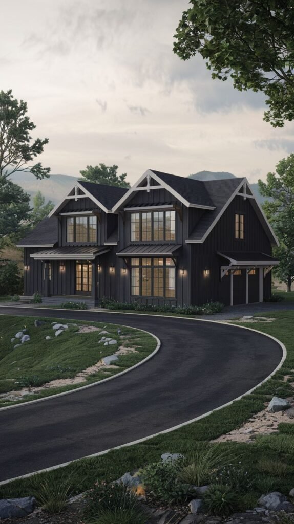 Dark modern farmhouse with twin gables and dark vertical siding, situated on a hillside with a dark, curving asphalt driveway edged with white.