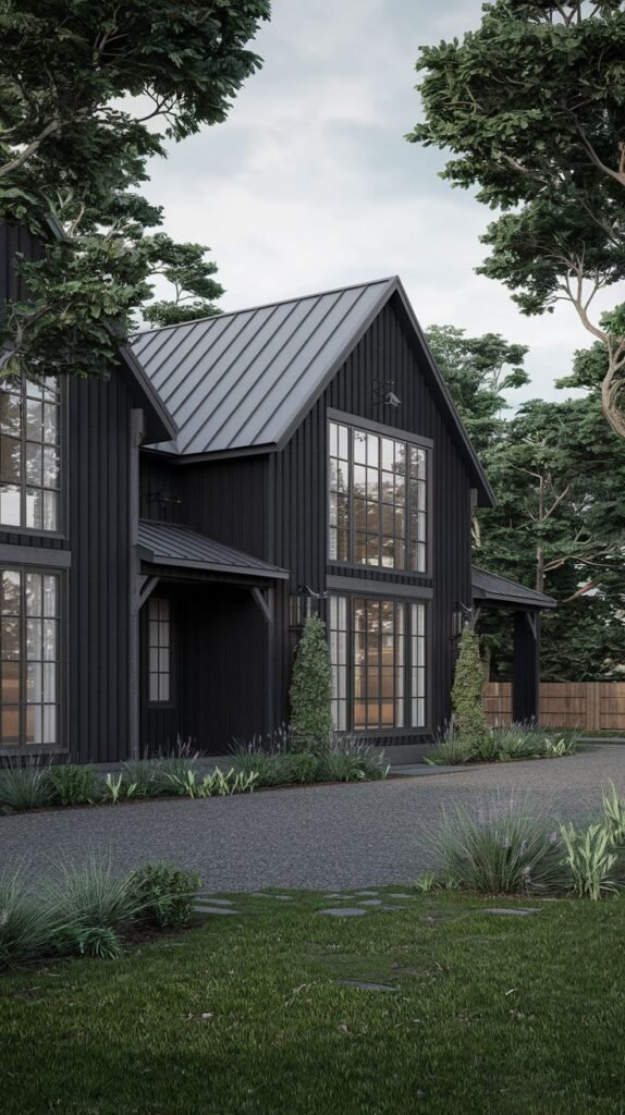 Tall, dark black vertical siding farmhouse with a metal roof and massive glass frontages, surrounded by tall pine trees and overlooking a gravel driveway.