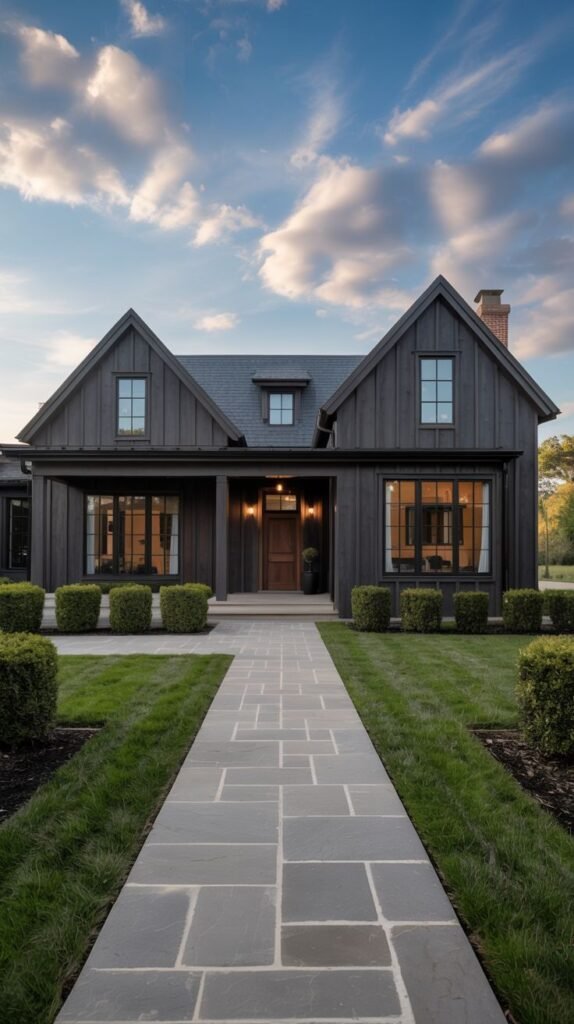 Dark vertical sided farmhouse with twin gables, featuring a central dark wood door and a straight slate paver walkway bordered by boxwood cubes.