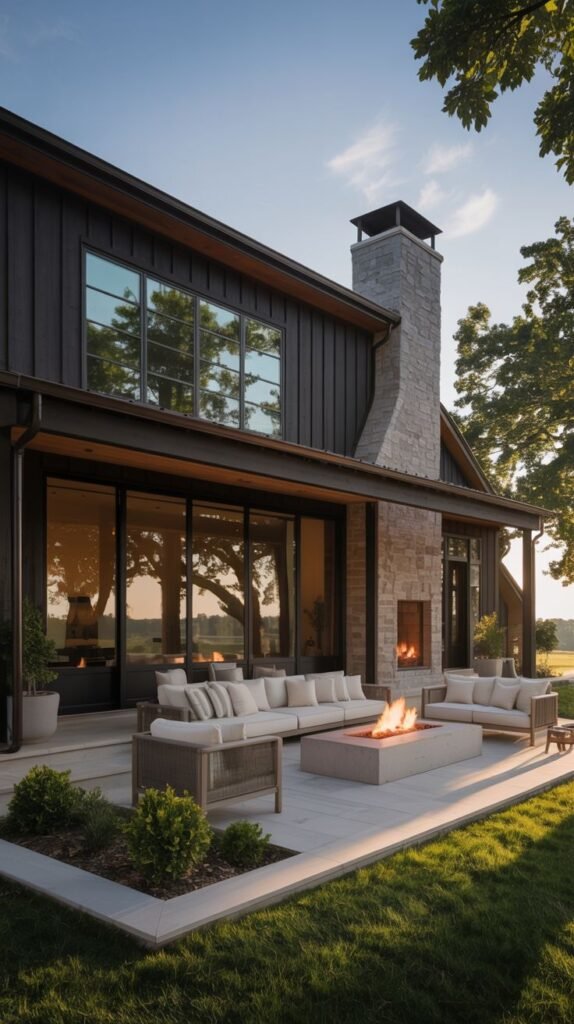Dark vertical sided house patio featuring a tall stacked stone chimney, an outdoor fireplace, and a low concrete fire pit surrounded by light sectional seating.