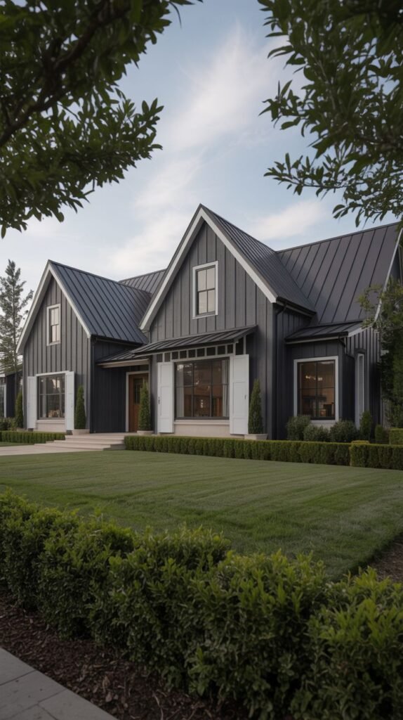 Dark gray vertical siding farmhouse with a dark metal roof, featuring contrasting light white panel shutters flanking the ground floor windows.
