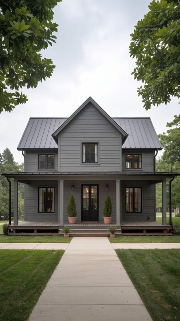 Symmetrical medium gray farmhouse with a dark metal roof, featuring a wide concrete walkway leading to the dark-columned porch under mature trees.