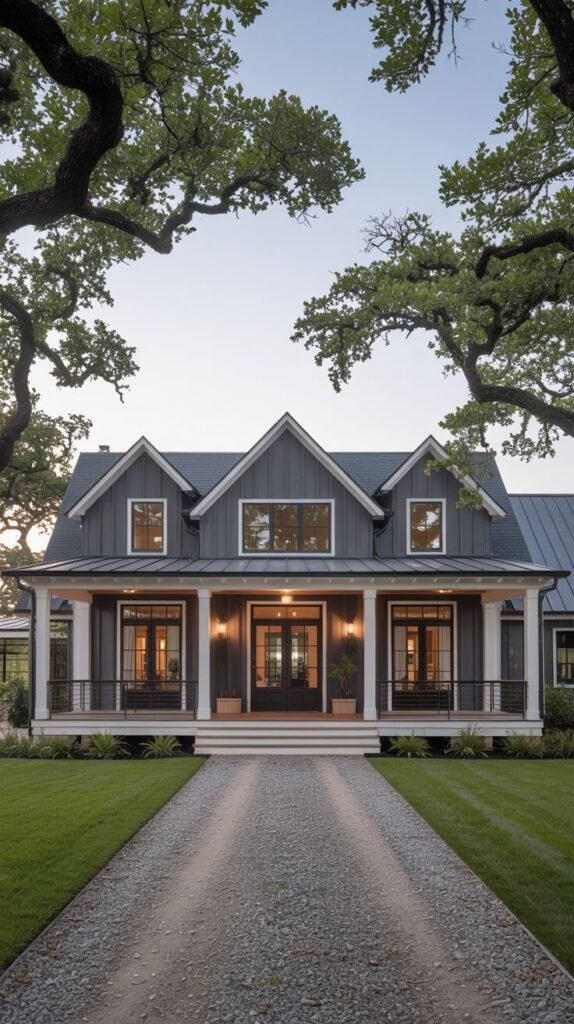 Dark gray farmhouse with three symmetrical dormers, white columns, and a wide gravel driveway approach framed by the branches of mature oak trees.