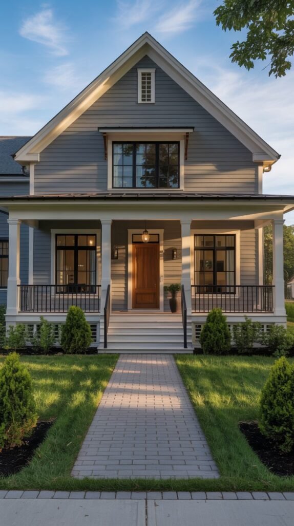 Light blue-gray horizontal sided farmhouse with a covered porch and white columns, featuring a dark awning over a second-story window and a gray brick paver pathway.