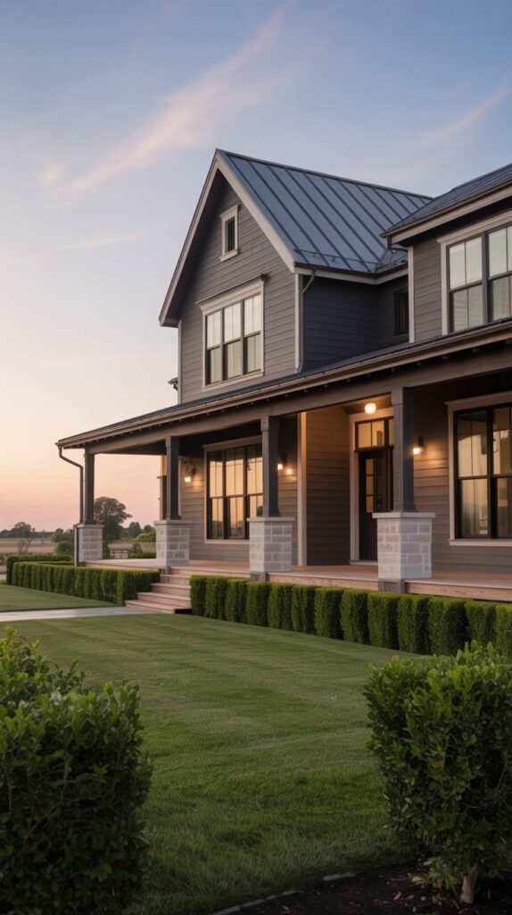 Dark gray lap sided farmhouse with a metal roof and a covered porch supported by columns with light stone bases, viewed across a manicured lawn and hedges at sunset.