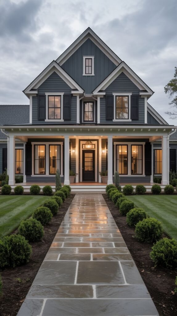 Symmetrical dark blue-gray farmhouse with high contrast white columns and trim, black shutters, viewed over a reflective wet slate walkway bordered by manicured shrubs.