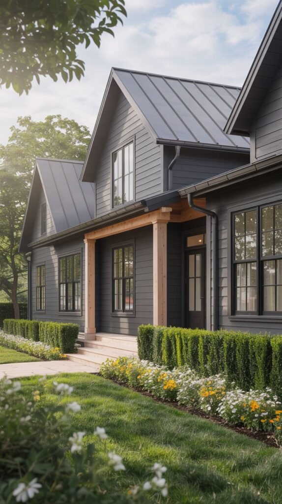 Dark gray horizontal sided farmhouse with multi-gabled metal roofs, featuring a covered entryway supported by large, natural wood posts and fronted by flowerbeds.