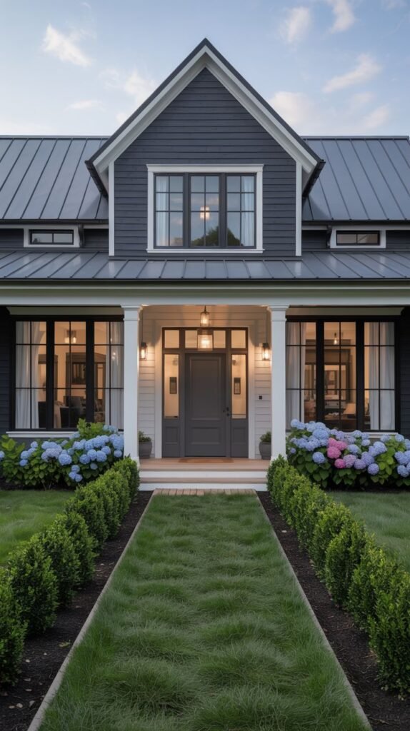 Symmetrical dark gray farmhouse with a central gable and white porch columns, approached by a grassy path flanked by pink and blue hydrangeas and low hedges.