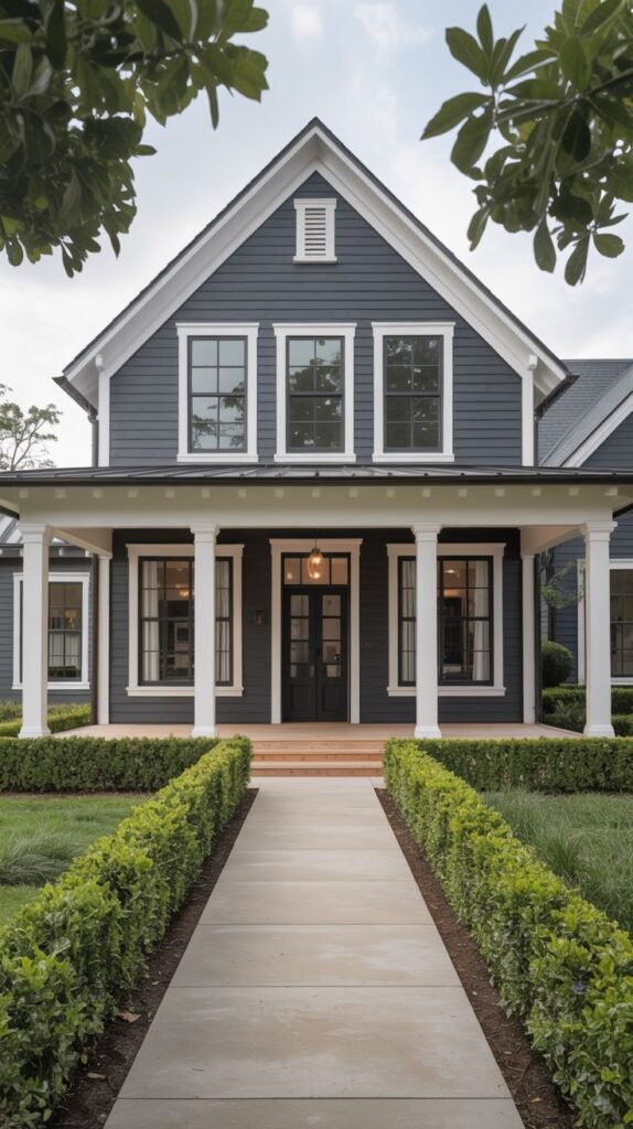 Dark blue-gray farmhouse with prominent fluted white columns and trim, viewed from a straight concrete walkway flanked by low, structured evergreen hedges.