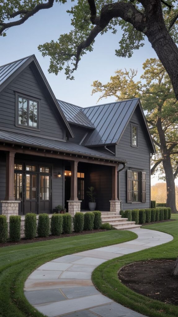 Dark charcoal farmhouse with a metal roof, rustic wood porch posts, and a low stone wall base, approached by a winding flagstone path under large, mature trees.